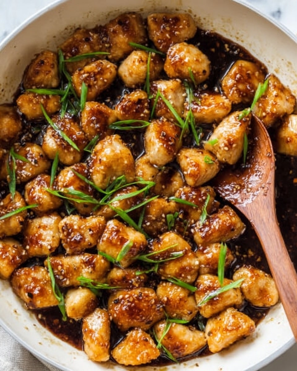 The image shows a white frying pan filled with golden brown chicken pieces cooked to a slightly crispy texture on the edges, covered in a shiny, sticky-looking sauce. The pieces are evenly spread and topped with small green sliced onions and a few sesame seeds scattered over the dish for garnish. A wooden spoon rests inside the pan, partially stirring the chicken. The pan sits on a white marbled surface, with a white and gold-striped cloth partly under the pan. Small bowls of sauce and chopped green onions can also be seen near the top edges of the frame. Photo taken with an iphone --ar 4:5 --v 7