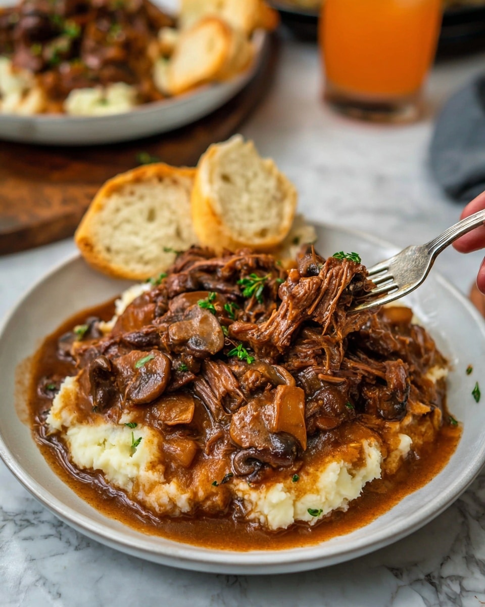 The image shows a white plate with three main layers: the bottom layer is creamy, white mashed potatoes, topped with a thick, rich brown beef stew containing chunks of shredded beef and sliced mushrooms, garnished with small bits of green herbs. To the side of the plate, there is a piece of light brown crusty bread. A silver fork lifts a bite of the beef and mashed potatoes mixture from the plate. The dish sits on a white marbled surface, with a glass of amber-colored drink blurred in the background. Photo taken with an iphone --ar 4:5 --v 7