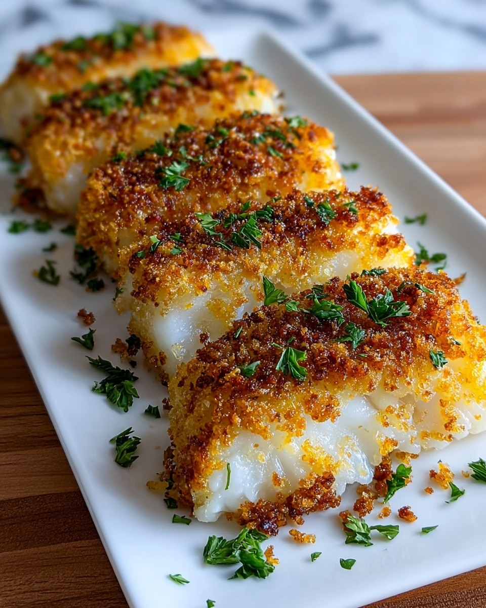 The image shows four pieces of breaded and fried fish fillets arranged in a row on a white rectangular plate. Each piece has two visible layers: the bottom layer is white, flaky fish, and the top layer is a golden-brown, crispy breadcrumb crust with small green herb bits sprinkled on top. The breadcrumbs are crunchy with a rich toasted color, and the parsley adds a fresh green contrast scattered on the fillets and around the plate. The plate is placed on a wooden surface with a white marbled texture in the background. photo taken with an iphone --ar 4:5 --v 7