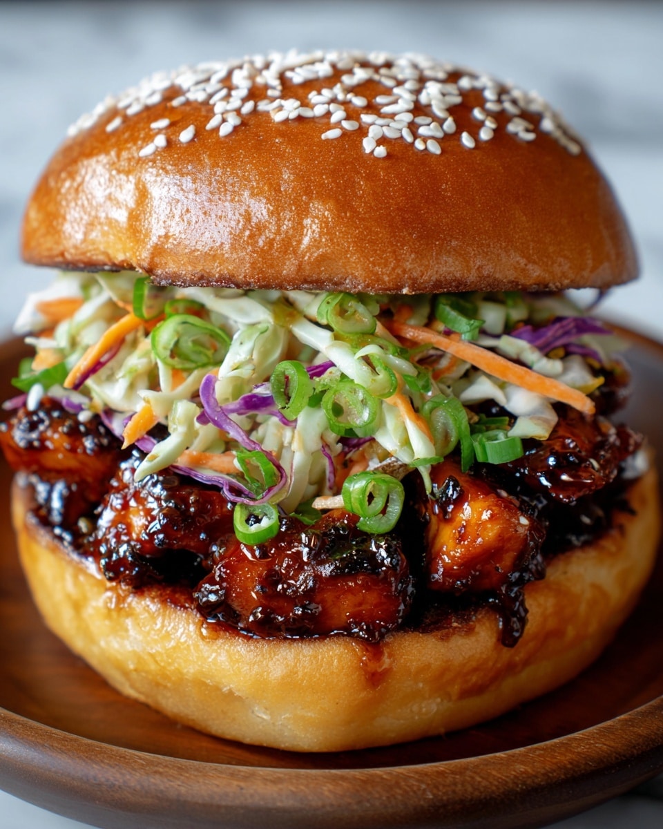 The image shows a close-up of a sandwich with four visible layers. The bottom layer is a soft, golden-brown bun, shiny and slightly textured. Above the bun, there is a layer of glossy, dark brown grilled chicken pieces, covered in a sticky sauce that looks rich and flavorful. On top of the chicken, there is a colorful slaw made of thinly sliced green cabbage, carrots, hints of purple cabbage, and green onion slices, adding a fresh and crunchy texture. The sandwich is finished with a shiny, golden-brown top bun sprinkled with white sesame seeds. The sandwich sits in a white bowl on a white marbled surface. photo taken with an iphone --ar 4:5 --v 7