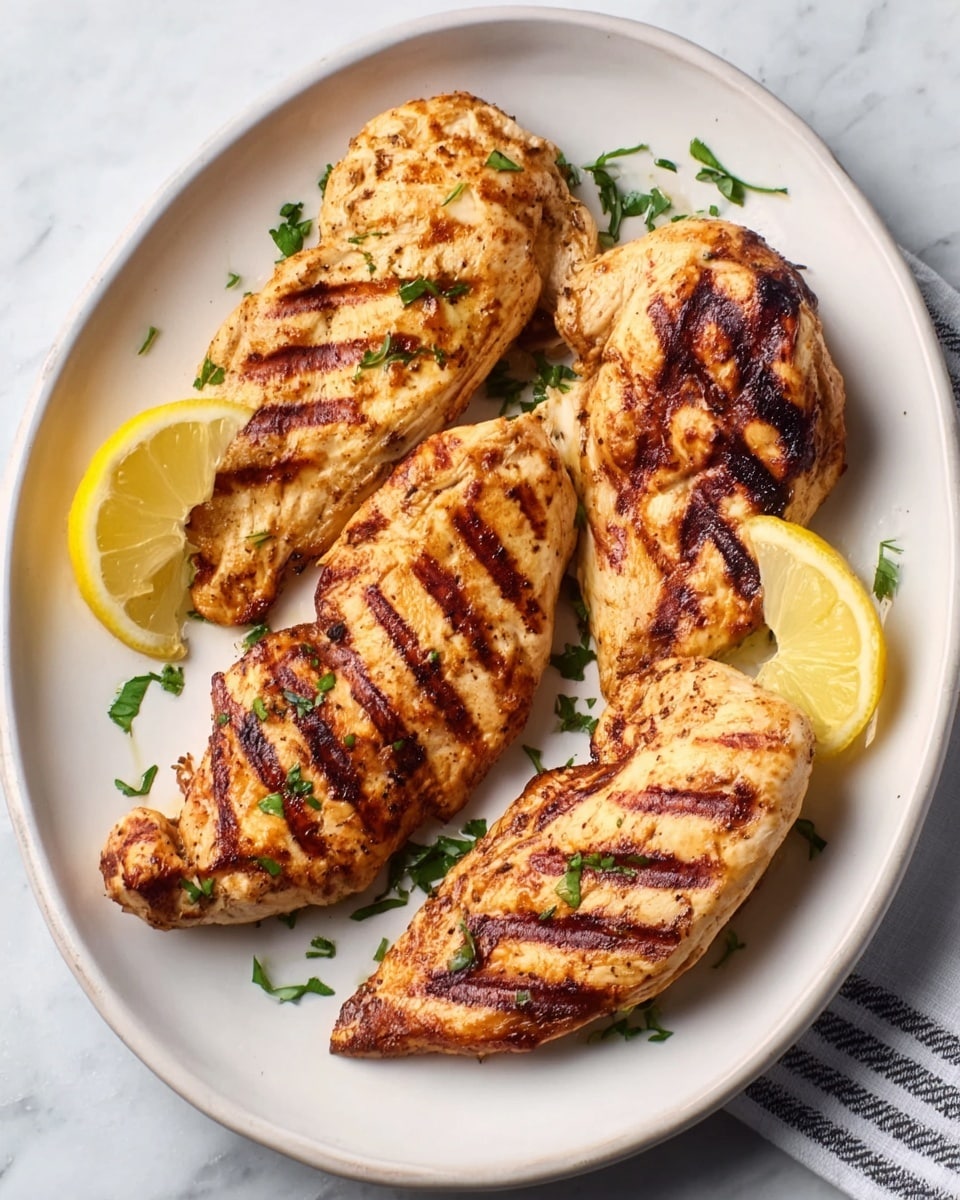 The image shows a white oval plate with four grilled chicken breasts arranged evenly. Each chicken breast has clear grill marks, a golden-brown color, and slightly charred edges, topped with small green parsley pieces. Two lemon slices are placed on opposite sides of the plate, one near the first and the other near the last chicken breast, adding a bright yellow contrast. The plate is set on a white marbled surface, and some green herbs are partially visible at the bottom right corner. Photo taken with an iphone --ar 4:5 --v 7