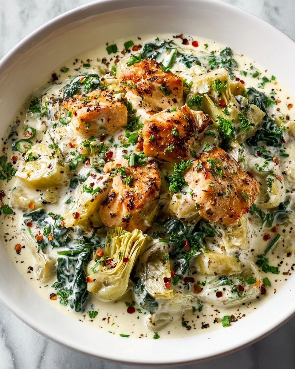 This dish shows a creamy mix of cooked chicken chunks, spinach, and artichoke pieces all combined in a thick white sauce. The chicken pieces are pale with a lightly browned, slightly speckled surface, sitting on top and around the dish in about two layers. The spinach adds dark green leaves woven through the sauce, while the artichoke pieces show a pale yellowish color and are scattered mainly at the bottom layer. The entire dish is sprinkled with fresh chopped green herbs and cracked black pepper, all served on a plain white plate with a smooth texture. Photo taken with an iphone --ar 4:5 --v 7