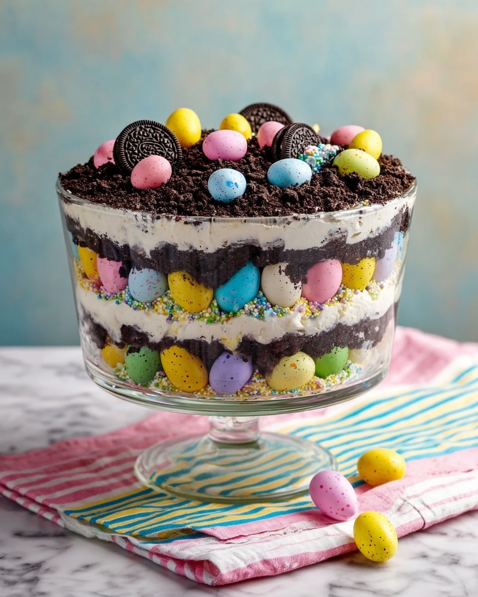 A clear glass trifle bowl shows a dessert with five distinct layers, starting from the bottom with a dark brown crumbly cookie layer, followed by a thick white creamy layer mixed with pastel-colored candy eggs, then another dark crumbly cookie layer, a second creamy layer with more scattered pastel candy eggs, another crumbly cookie layer, topped by a final thick creamy layer mixed with candy eggs, and finished with a top layer covered in dark cookie crumbs decorated with whole mini chocolate sandwich cookies and colorful pastel candy eggs in pink, yellow, green, blue, and purple, all placed on a white marbled surface with a striped cloth nearby and a soft gradient background of light blue and cream. photo taken with an iphone --ar 4:5 --v 7