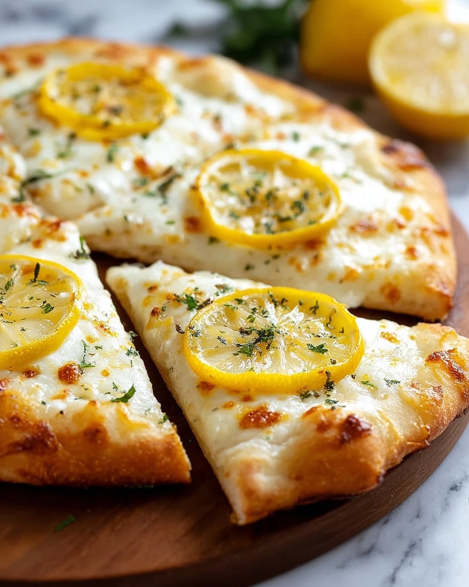 A round pizza with a thick, light golden crust is placed on a wooden board. It is cut into six slices. Each slice has a layer of melted white cheese that is slightly browned and bubbly, with a smooth, creamy texture. On top of the cheese, there are thin, round yellow lemon slices scattered mainly on two slices, and small green herb bits spread evenly over the whole pizza. The pizza sits on a white marbled surface, with a blurred yellow lemon and green leaves visible in the background. photo taken with an iphone --ar 4:5 --v 7