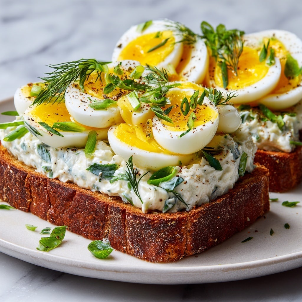 The image shows a close-up of two slices of toasted brown bread placed on a white plate with a white marbled texture background. Each toast has three layers: the bottom layer is the crisp, golden-brown toast, the middle layer is a thick spread of creamy white sauce with green herb pieces mixed in, and the top layer consists of evenly sliced soft-boiled eggs with bright yellow yolks and firm white edges. The eggs are sprinkled with cracked black pepper, small green chives, and fresh green herbs like basil and dill scattered on top and around the slices, giving a fresh and colorful look. photo taken with an iphone --ar 4:5 --v 7