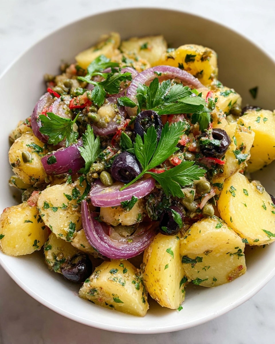 The dish is served in a white bowl on a white marbled surface, featuring a mix of chunky yellow potato pieces as the base layer. On top, there are slices of purple-red onion, small green capers, black olive slices, and bits of sun-dried red tomatoes mixed evenly throughout. Fresh green parsley leaves are scattered on the top, adding a bright touch. The colors are vibrant with a mix of yellows, greens, purples, and dark tones, and the textures show soft potatoes alongside slightly crunchy vegetables and herbs. The dish looks lightly seasoned with small specks of seasoning visible on the ingredients. Photo taken with an iphone --ar 4:5 --v 7