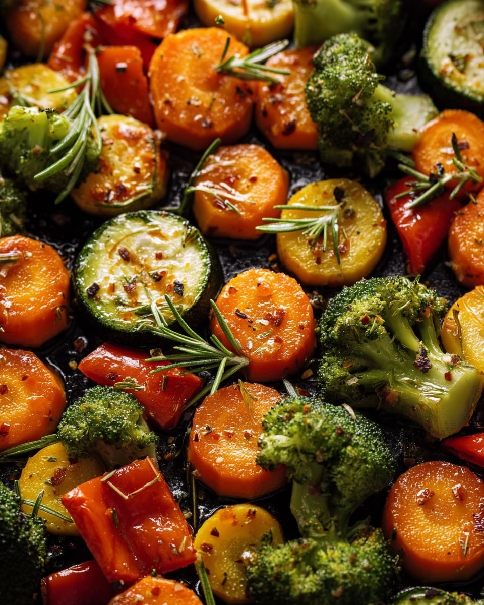 The image shows a mix of roasted vegetables spread out closely together on a dark tray. The vegetables include bright orange carrot slices stacked in small piles, deep green broccoli florets with slightly charred edges, and round green zucchini slices with seeds visible in the middle. There are also pieces of yellow squash and chopped red bell peppers scattered throughout. The vegetables look glossy with oil and sprinkled with herbs and spices, creating a shiny, textured surface. A small sprig of fresh green herb rests on top of some carrot pieces, adding a touch of freshness. photo taken with an iphone --ar 4:5 --v 7