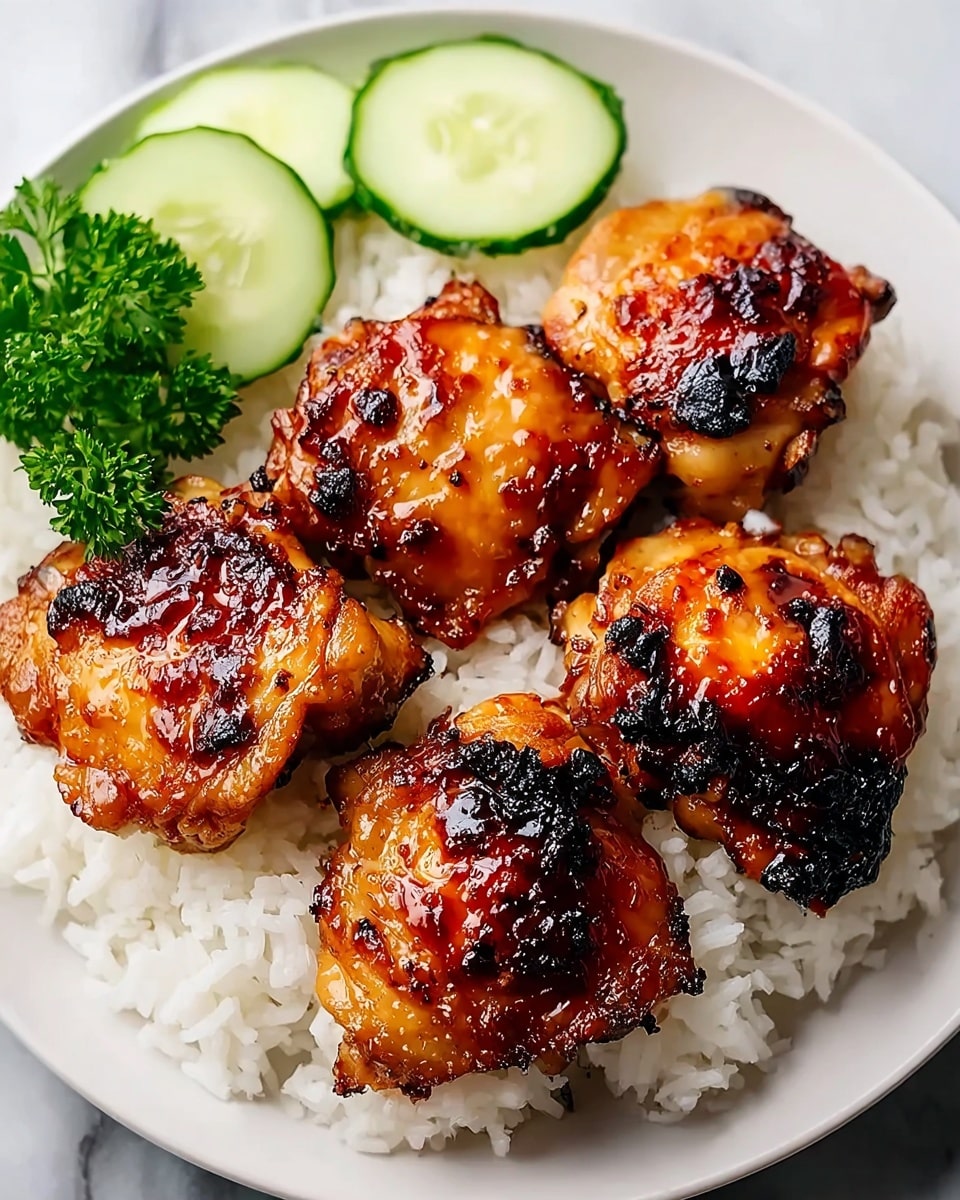 A white plate holds a base layer of soft white rice with a slightly fluffy texture. On top, there are four pieces of grilled chicken with a shiny, sticky glaze that looks caramelized and slightly charred in some spots, showing a mix of deep orange, brown, and black colors. Behind the chicken, there are three slices of fresh cucumber with a light green color and smooth texture. A small green parsley leaf is placed on the rice near the front side of the plate. The plate is set on a white marbled surface. photo taken with an iphone --ar 4:5 --v 7
