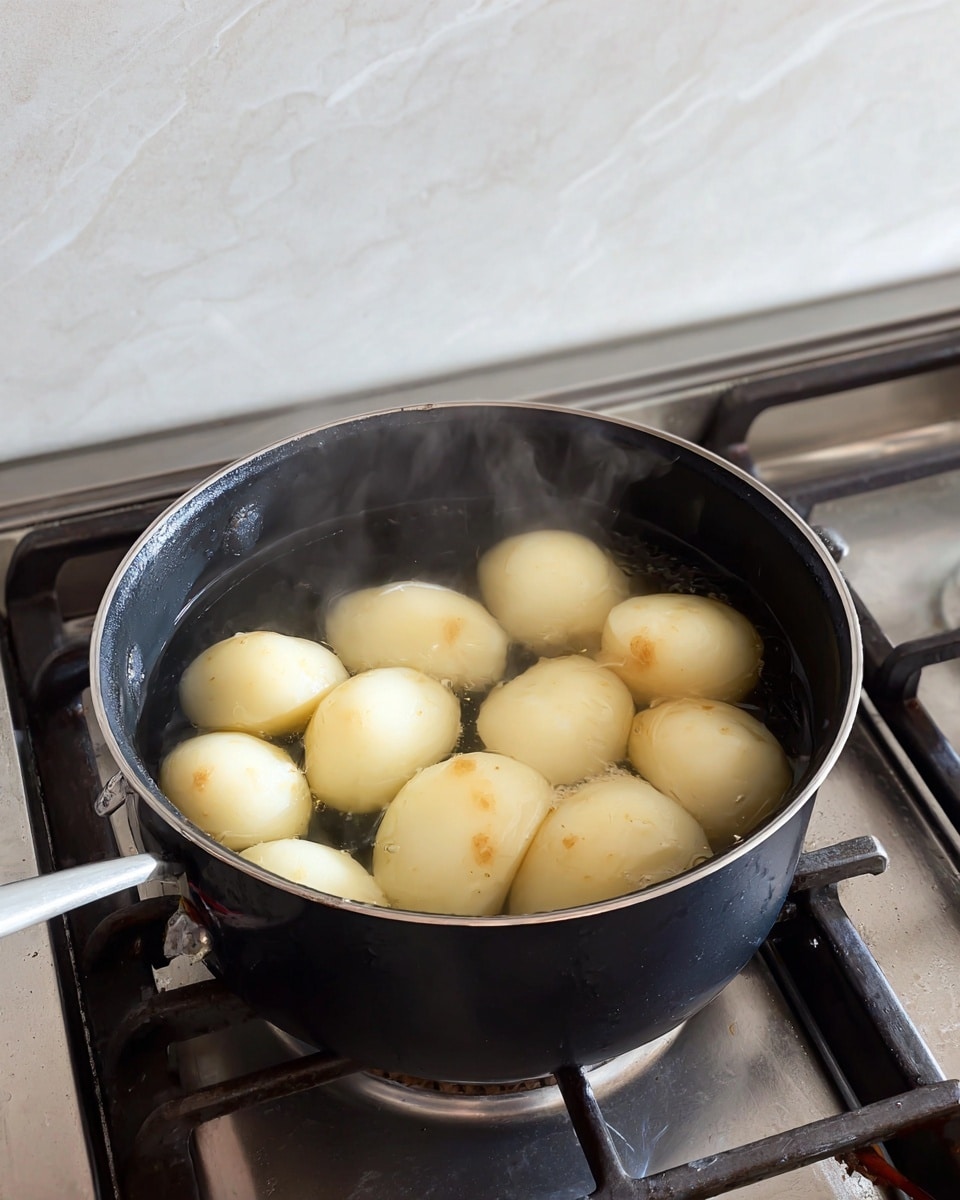 A black pot sits on a stove with peeled potatoes submerged in water, heating up as steam rises slightly above the surface. The potatoes are whole or roughly halved, showing a smooth off-white color with a few small brown spots. The stove has a metal grate and a silver-colored burner, and the background shows a light, white marbled texture behind the stove. The scene captures a simple cooking moment with clear focus on the pot and potatoes. photo taken with an iphone --ar 4:5 --v 7