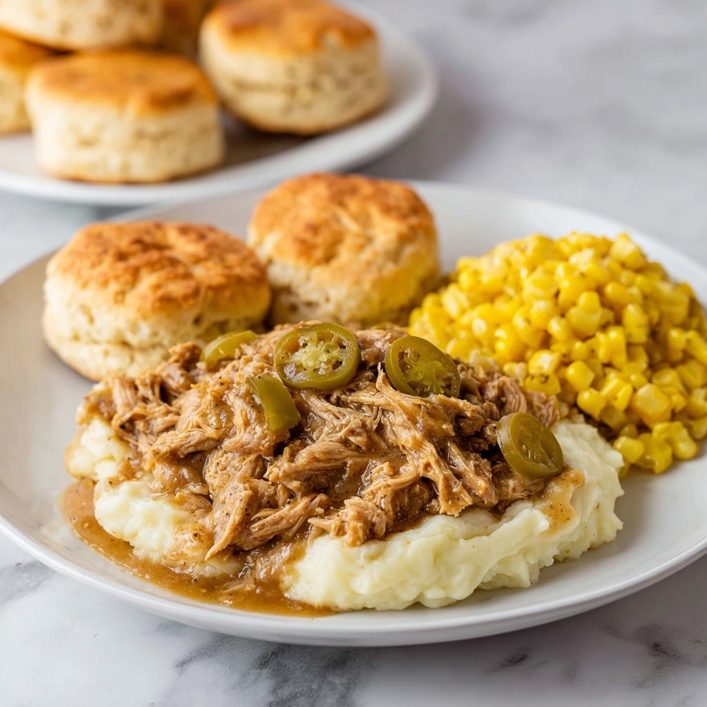 The dish is served on a white plate with a textured rim, placed on a white marbled surface. At the bottom center, there is a thick layer of smooth, white mashed potatoes. On top of this, a generous portion of shredded brown chicken mixed with a dark brown gravy is spread evenly; the chicken looks tender and moist, with some green pepper slices scattered within. To the upper right side of the plate, there is a small heap of bright yellow cooked corn kernels, shiny and plump. On the left side, two half pieces of soft, golden-brown bread roll, lightly buttered, rest on the plate. In the background, there is a white plate filled with additional bread rolls. Photo taken with an iphone --ar 4:5 --v 7