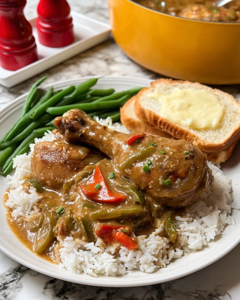 A white plate holds a bed of white rice spread evenly as the bottom layer, topped with two large chicken drumsticks covered in a thick brown gravy with visible chunks of green and red bell peppers and onions, giving a mix of green, red, and light brown colors with a glossy texture. Behind the chicken on the plate are several bright green cooked green beans arranged in a neat row. A spoon is pouring more of the same brown gravy with red and green pepper pieces over the chicken, showing motion. The plate is set on a white marbled textured surface, with red salt and pepper containers in the background and a yellow pot with more chicken and gravy on the side. Photo taken with an iphone --ar 4:5 --v 7