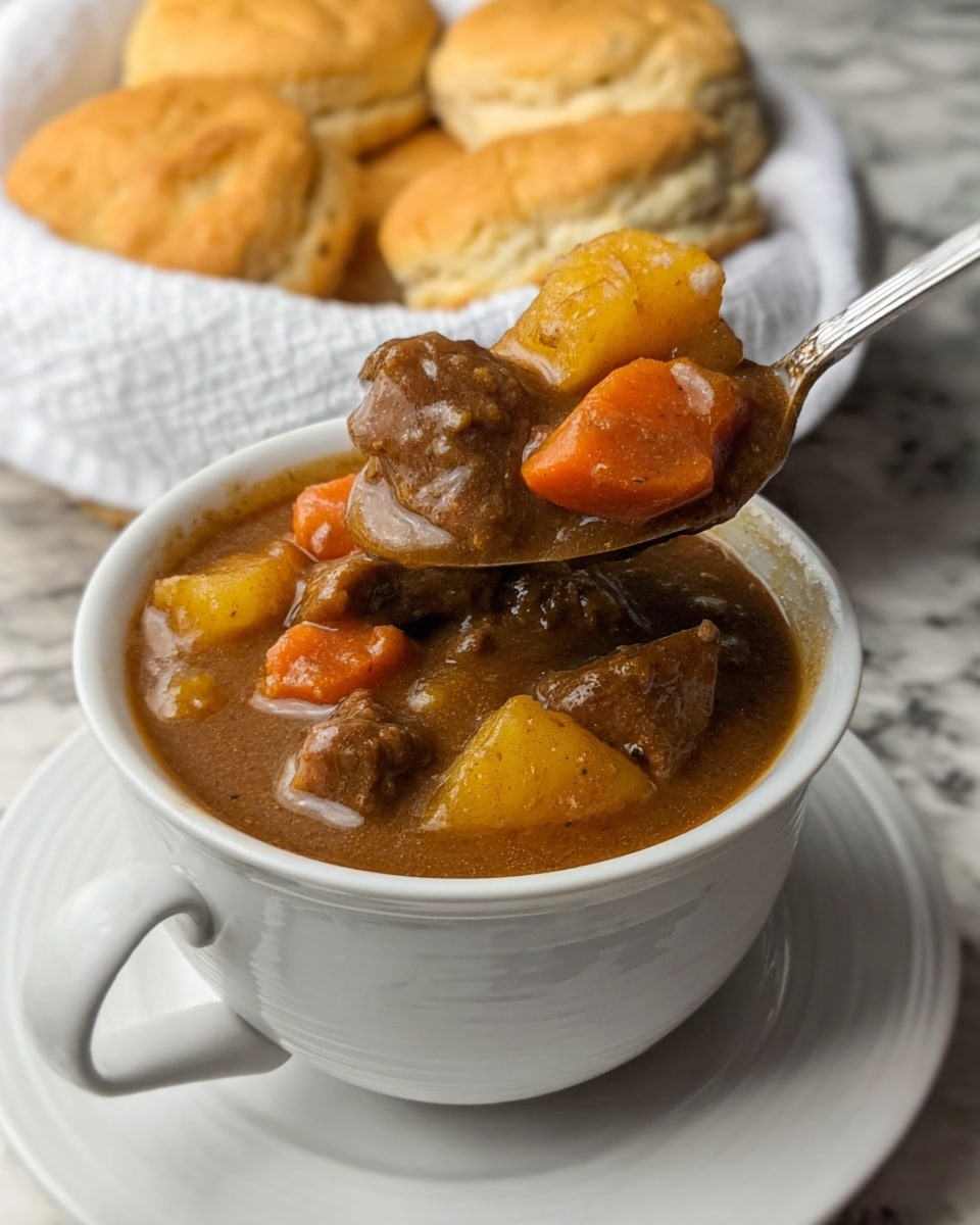A close-up view of a spoonful of thick beef stew held above a white cup filled with more stew, showing chunks of brown tender beef, bright orange carrot pieces, and yellow potato cubes all mixed in a rich brown gravy. The cup is set on a matching white saucer on a white marbled surface. In the background, a white cloth-lined basket holds several golden brown biscuits with a soft, flaky texture. Photo taken with an iphone --ar 4:5 --v 7