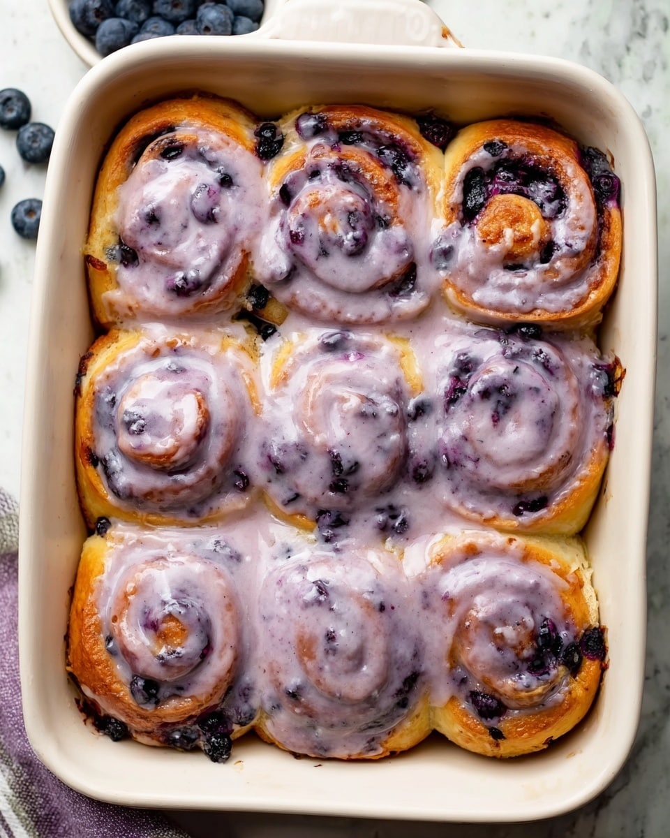 A white rectangular baking dish holds nine soft, golden-brown cinnamon rolls arranged in three rows of three. Each roll has a visible spiral shape with dark spots of blueberries inside. The rolls are generously covered with a thick, creamy light purple icing that has small darker purple bits, likely from blueberries, spread unevenly over the top, dripping slightly down the sides. The dish is placed on a white marbled surface with scattered blueberries near its edges. Photo taken with an iphone --ar 4:5 --v 7