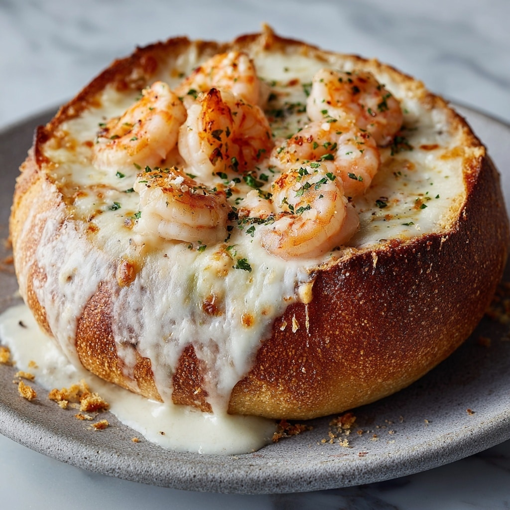 A round bread bowl with a thick, golden-brown crust is filled with a creamy white soup layered with pink and white shrimp pieces on top, melted cheese slightly browned with some parts bubbling over the edge of the bread. The soup is garnished with finely chopped green herbs and black pepper. The bread bowl sits on a wooden round board against a white marbled texture background, and in the background, there is a white bowl with a spoon inside. photo taken with an iphone --ar 4:5 --v 7