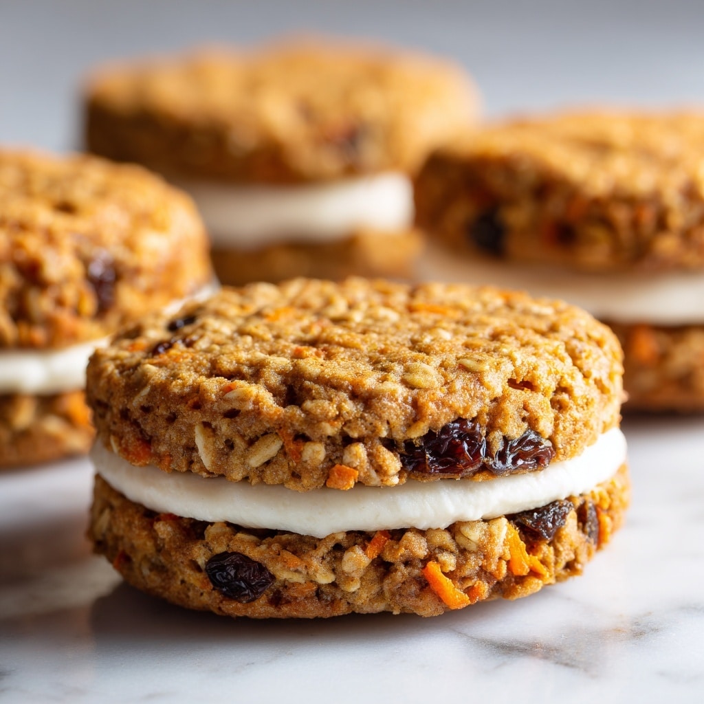 The image shows a close-up of a sandwich cookie made from two thick cookies with visible pieces of peeled carrot orange flecks and dark raisins baked into the soft, golden-brown oat-textured cookies. Between the two cookie layers, there is a thick smooth white cream filling. The cookies rest on a white marbled surface, and the image has a shallow depth of field, making the background cookies blurred. photo taken with an iphone --ar 4:5 --v 7