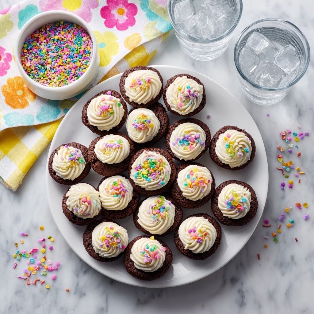 A white round plate holds 24 small, oval-shaped chocolate brownies arranged in a circle. Each brownie has a soft, slightly cracked dark brown surface topped with a swirl of white cream. Colorful rainbow sprinkles, including pink, yellow, green, and purple, decorate the cream on each brownie. In the center of the plate, there is a small circular section filled with the same colorful sprinkles. The plate sits on a white marbled surface scattered with some extra sprinkles, with a small white bowl of more rainbow sprinkles to the left. Two clear glasses filled with ice water are placed on the right side of the image. A colorful cloth with pastel flowers and yellow checks peeks in from the top left corner. Photo taken with an iphone --ar 4:5 --v 7