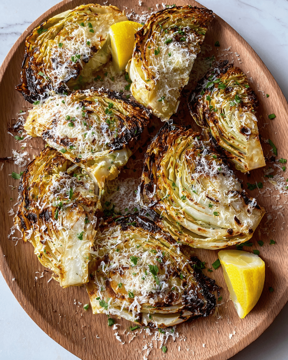 The image shows six grilled cabbage wedges arranged on a round wooden board placed on a white marbled surface. Each wedge has a golden-brown grilled outer layer with some charred edges and visible layers of tender cabbage inside, showing a gradient from light creamy white in the center to browned edges. The wedges are sprinkled with finely grated white cheese that melts slightly on the warm cabbage, and small pieces of chopped green herbs are scattered unevenly over the dish and the board. Two lemon wedges with bright yellow skin are placed near the edges of the board, adding a splash of color. The light highlights the texture of the cabbage and the cheese, creating a fresh and rustic look. photo taken with an iphone --ar 4:5 --v 7
