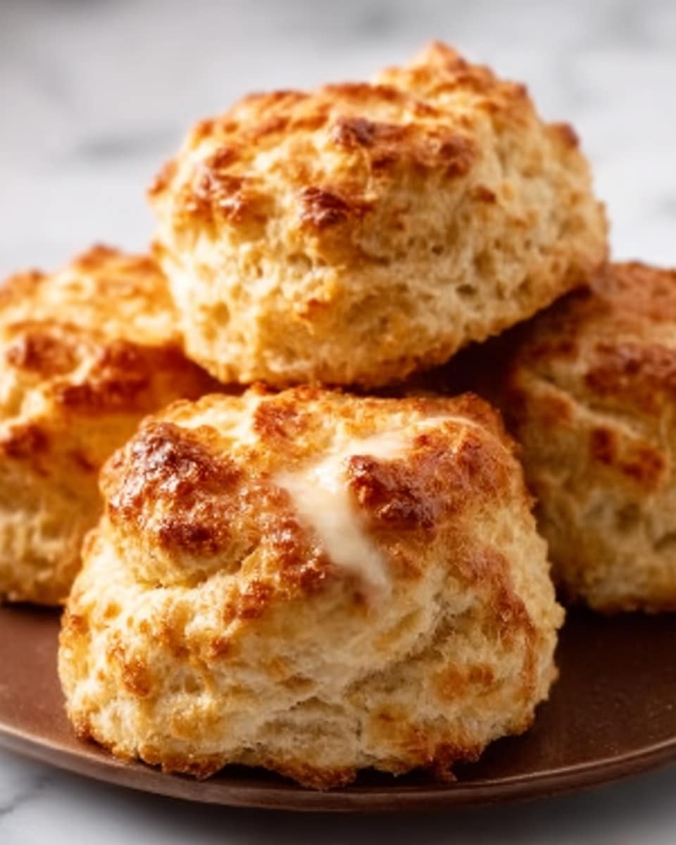 The image shows four golden-brown scones placed closely together on a round white plate, with a slightly rough and crumbly texture on the surface. The tops are uneven and baked to a crispy, light golden color while the sides are lighter and fluffy. The background features a white marbled surface that contrasts gently with the warm tones of the scones. The lighting highlights the lightly browned crust and the soft texture inside. Photo taken with an iphone --ar 4:5 --v 7