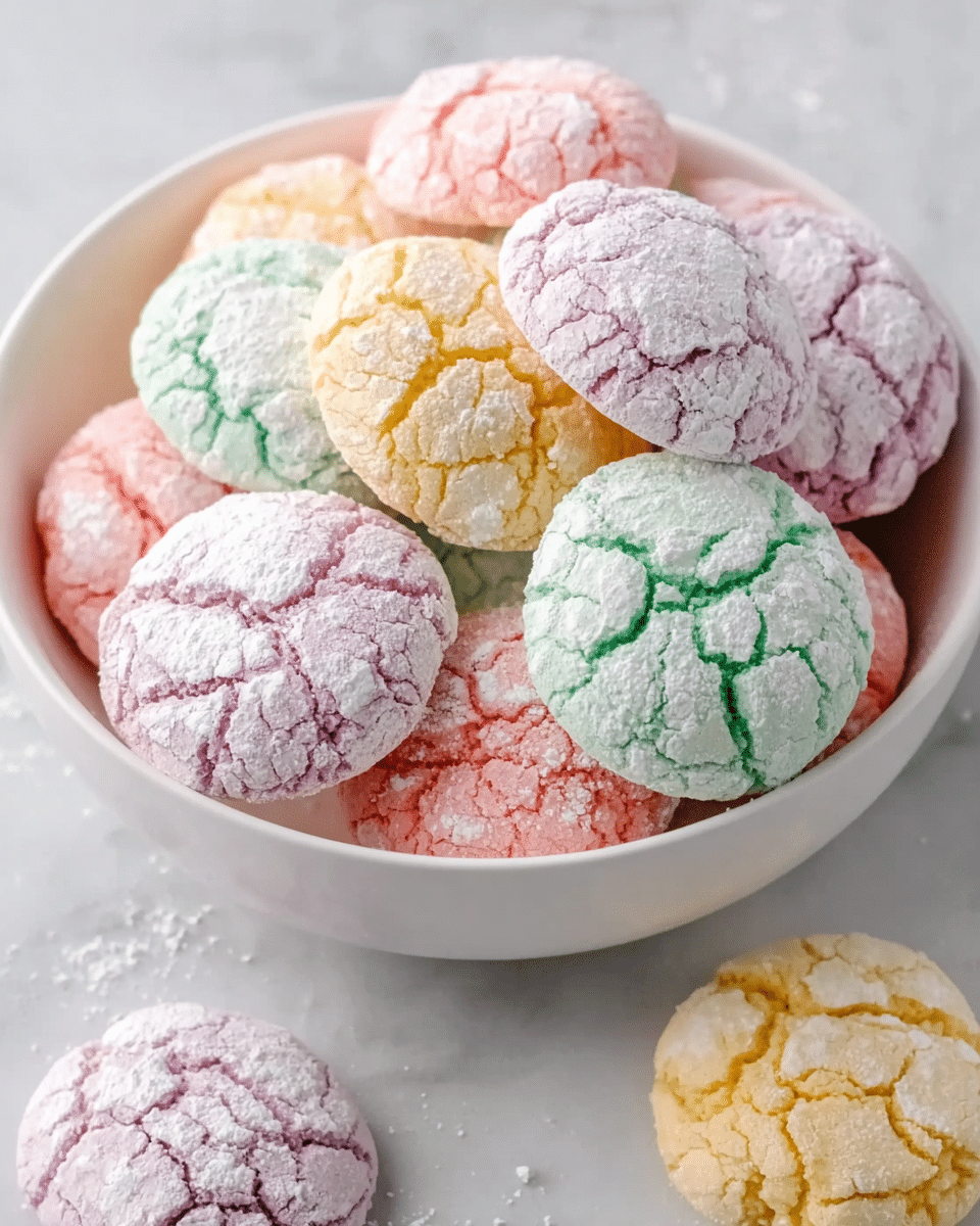 A round white plate filled with colorful crinkle cookies piled closely together. The cookies have a cracked surface dusted with white powdered sugar. There are four colors: pink, yellow, green, and purple, each with a soft, slightly crumbly texture. The plate is on a light wood surface with a white marbled texture visible around it, and a white cloth and small white flowers are in the background. Photo taken with an iphone --ar 4:5 --v 7