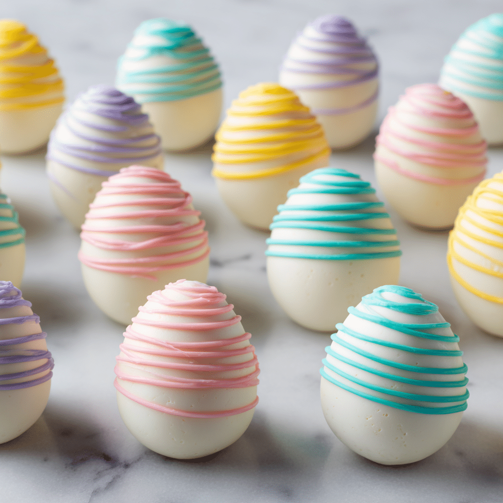 A group of small egg-shaped treats arranged in five rows on a white marbled surface, each with a smooth white base layer and a second thin layer of icing drizzled in colorful lines over the top, with colors including pastel pink, yellow, blue, green, and purple, the drizzle giving each egg a textured, striped look all around. The eggs are neatly spaced and look soft and glossy, with the colors alternating evenly for a vibrant yet delicate appearance. Photo taken with an iphone --ar 4:5 --v 7
