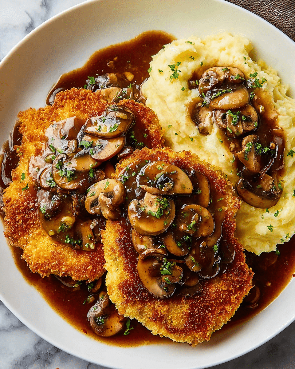 The dish features two golden brown, crispy breaded cutlets placed side by side on a white plate, each topped with a glossy dark brown mushroom gravy and several sautéed mushroom slices sprinkled with green herbs. To the right of the cutlets is a serving of creamy, pale mashed potatoes with a smooth but slightly textured surface, also covered with mushroom gravy and garnished with green herbs. Extra mushroom slices and gravy are spread around the mashed potatoes, adding rich dark and earthy tones against the light potato base. The plate rests on a white marbled surface. photo taken with an iphone --ar 4:5 --v 7
