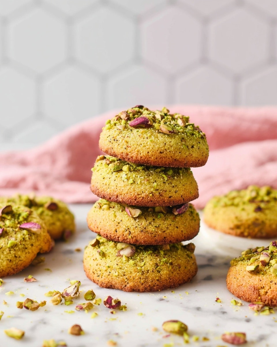 A stack of three round cookies with a rough texture and a golden green color sits slightly right of center on a white marbled surface. Each cookie is topped with chopped green pistachios, adding texture and color contrast. Surrounding the stack are several more cookies spread out, showing the same greenish color with pistachio pieces on top. Some small pistachio nut fragments are scattered around the cookies on the surface. In the background, there is a soft pink folded cloth, adding a subtle touch of color. The overall scene is bright and warm, with a focus on the pistachio cookies. photo taken with an iphone --ar 4:5 --v 7
