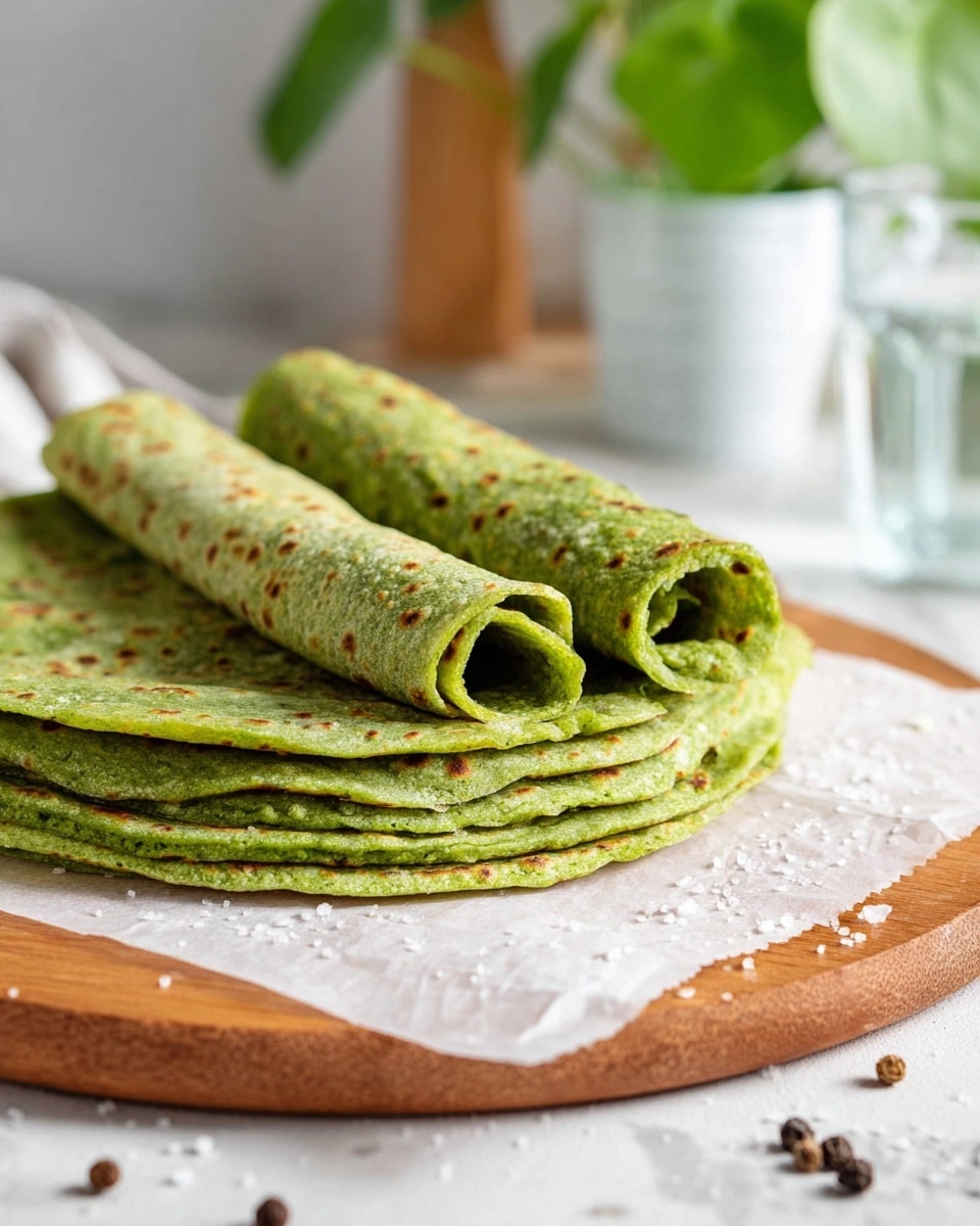A stack of seven green flatbreads lies on white parchment paper on top of a wooden board; the flatbreads have a slightly rough texture with some darker brown spots scattered across their surface. Two of the flatbreads are rolled up and placed on top of the stack, showing their soft, layered insides. Around the edges of the parchment are scattered coarse salt crystals and black peppercorns. In the out-of-focus background, there are green leafy plants in cream pots, a clear glass of water, and a jar with a wooden lid, all placed on a white marbled surface. photo taken with an iphone --ar 4:5 --v 7