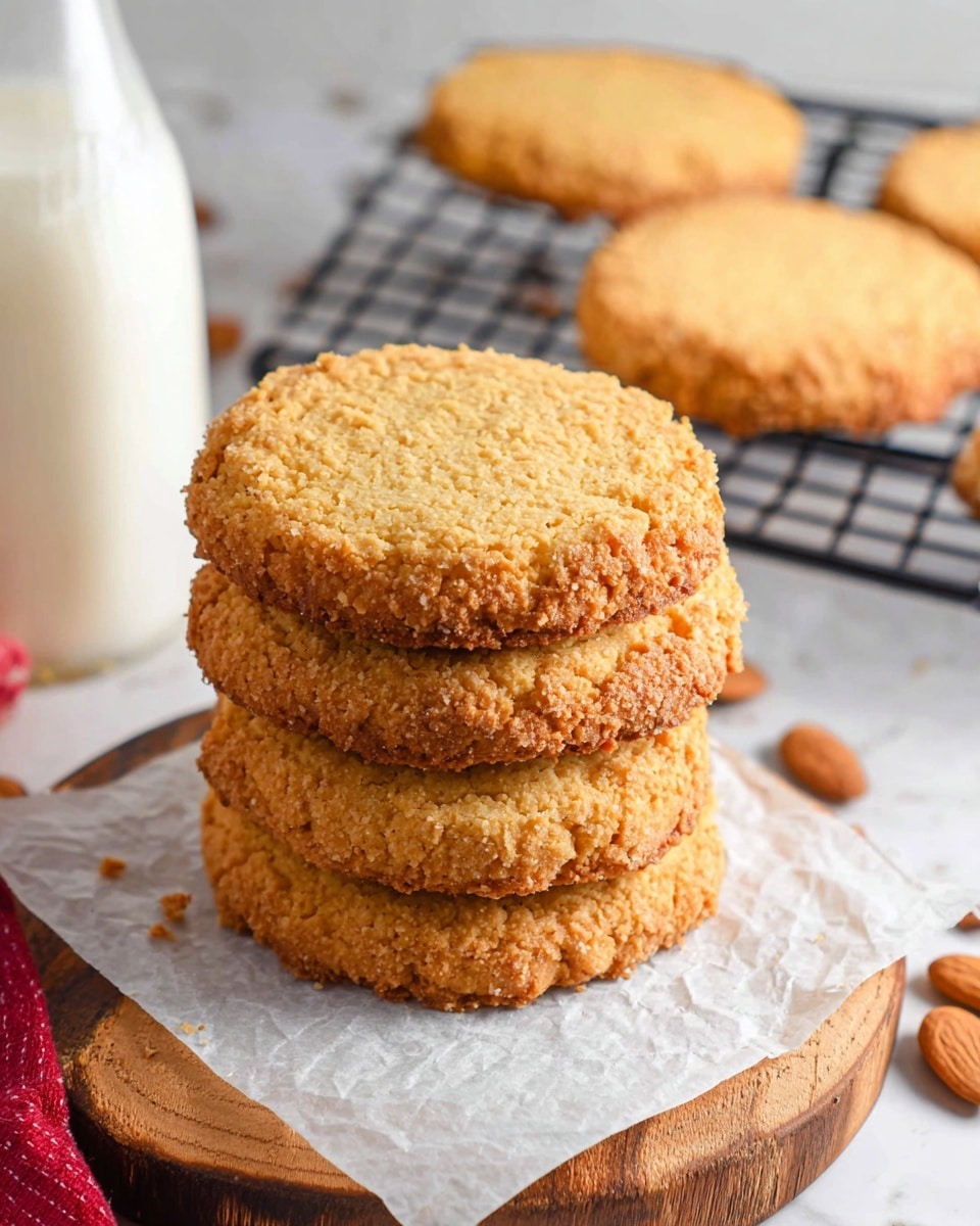 A stack of five golden-brown round cookies sits on a piece of white parchment paper, which rests on a round wooden board on a white marbled surface. The cookies have a slightly rough texture with sugar crystals visible, and the edges are a bit darker and crispier than the center. In the background, two more cookies with a similar texture are cooling on a black metal rack. To the left, a tall glass bottle filled with creamy white milk is partially visible on the white marbled surface. photo taken with an iphone --ar 4:5 --v 7
