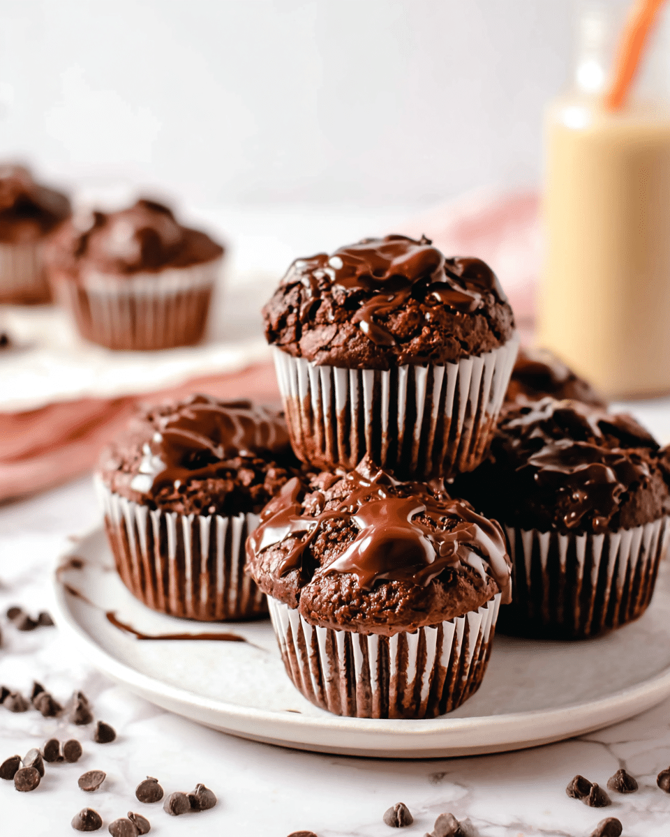 A white plate holds six rich, dark brown chocolate muffins wrapped in white paper liners, each topped with thick, glossy melted chocolate that drips slightly over their cracked and textured tops. The muffins are densely packed, with one taller muffin slightly behind the others, creating depth. Around the plate, scattered dark chocolate chips add detail to the scene. In the blurred background on a white marbled texture, a glass bottle with a straw is visible, adding a touch of light yellow contrast. photo taken with an iphone --ar 4:5 --v 7
