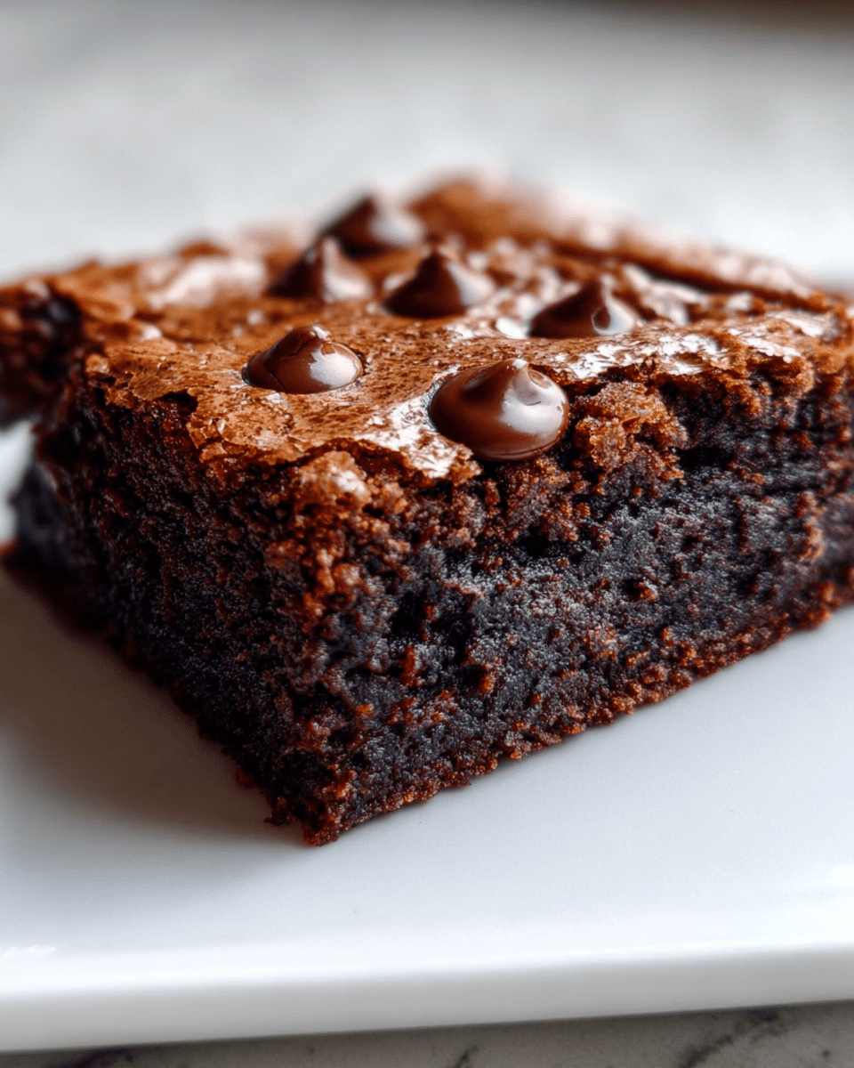 A close-up of a single square brownie on a white plate, showing two visible layers: the top layer is a thin, cracked, shiny crust in a light brown color with several glossy chocolate chips embedded, while the bottom layer is thick, dense, and moist with a dark, almost black chocolate color and a slightly fudgy texture. The surface under the plate is a white marbled texture. photo taken with an iphone --ar 4:5 --v 7