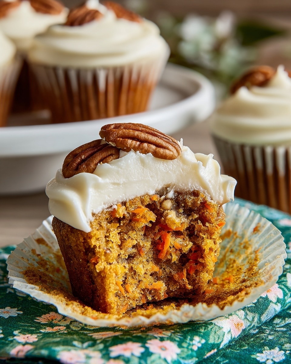 The image shows an orange-brown carrot cupcake with visible small carrot bits, partially unwrapped from a crinkled light brown cupcake liner. On top, there is a thick layer of creamy white frosting swirled with a soft, smooth texture, sprinkled with chopped pecans that add a rich brown color and rough texture. The cupcake sits on a floral napkin with a green and white pattern and yellow flowers, placed on a white marbled surface. In the background, three more cupcakes with the same frosting and pecan topping are slightly out of focus on a white plate. Photo taken with an iphone --ar 4:5 --v 7