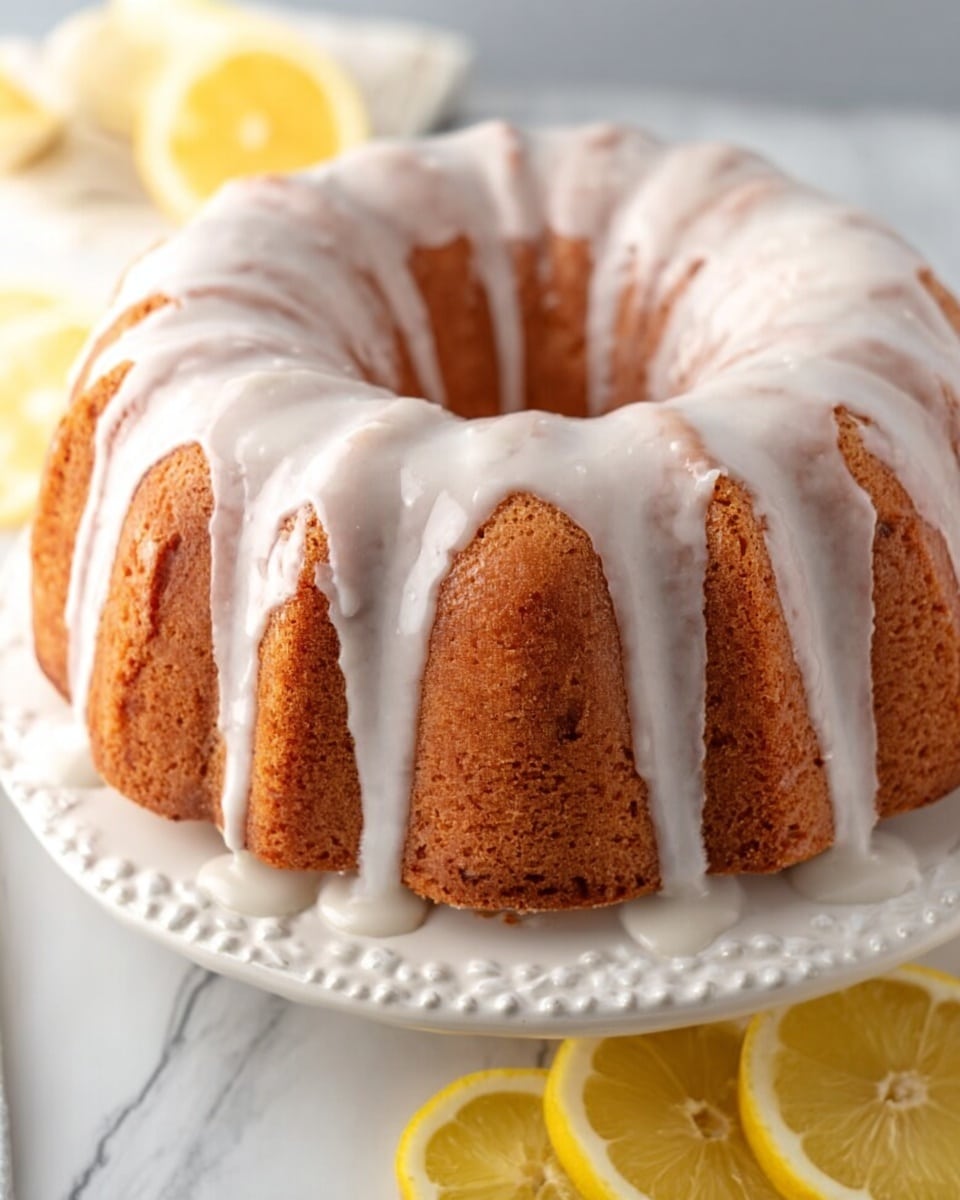 A round bundt cake with a tall, ridged shape sits on a white plate with a subtle decorative edge. The cake is light brown and covered with a white glaze that drips down the sides unevenly. On the right side, several bright yellow lemon slices are visible, partly showing, placed on a white marbled surface. The lighting is soft and natural, creating a cozy and fresh look. Photo taken with an iphone --ar 4:5 --v 7