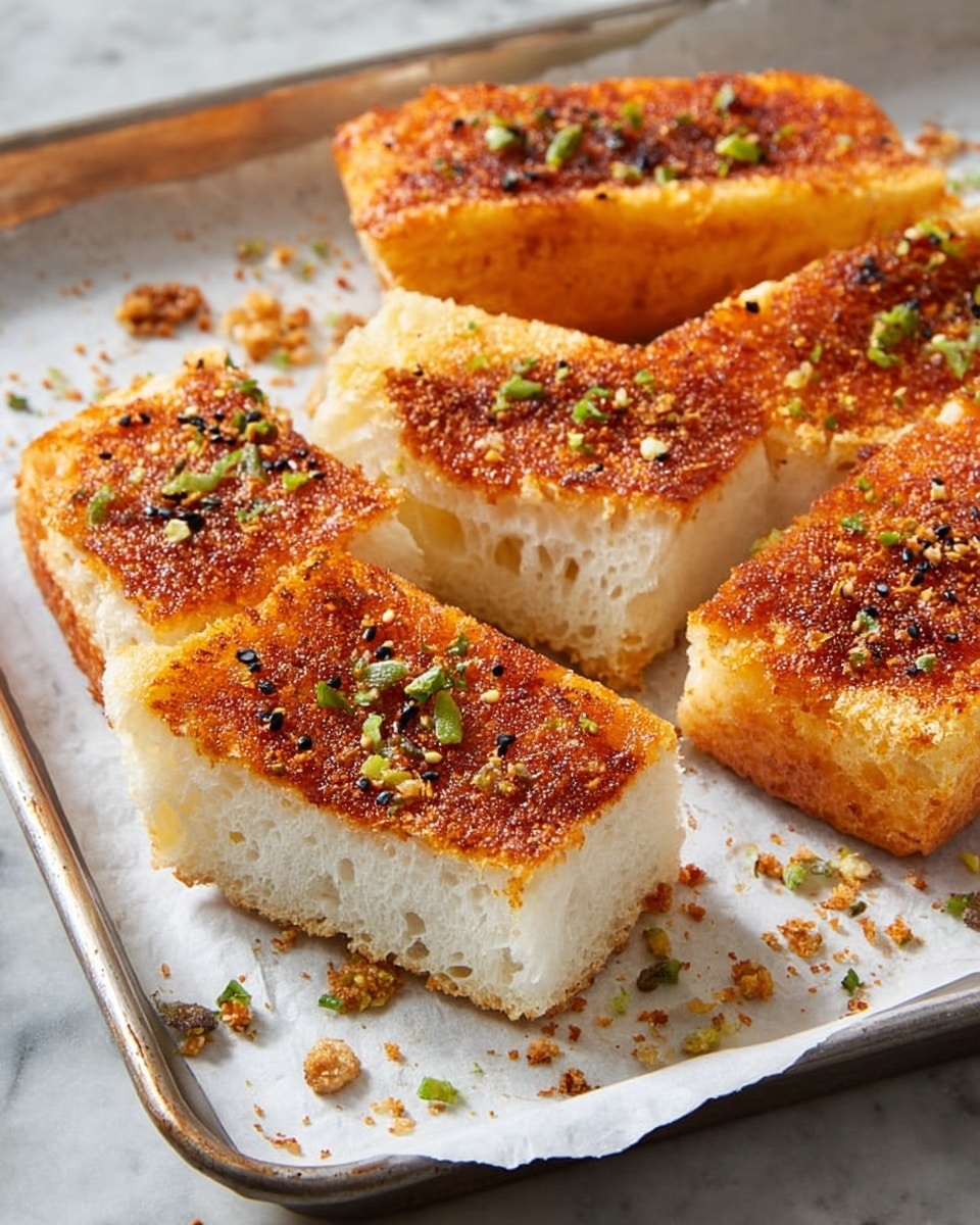 A close-up view of a slice of thick, crispy bread with a golden-brown crust, topped with a reddish-orange spread that looks slightly textured with small bits and black sesame seeds, held between the fingers of a person's hand. The bread has a soft and fluffy white interior visible at the edges. Around the held piece, there are several more rectangular slices of the same bread arranged gently over white parchment paper placed on a white marbled surface. Small green herbs and crumbs are scattered on and around the pieces, adding color contrast. Photo taken with an iphone --ar 4:5 --v 7