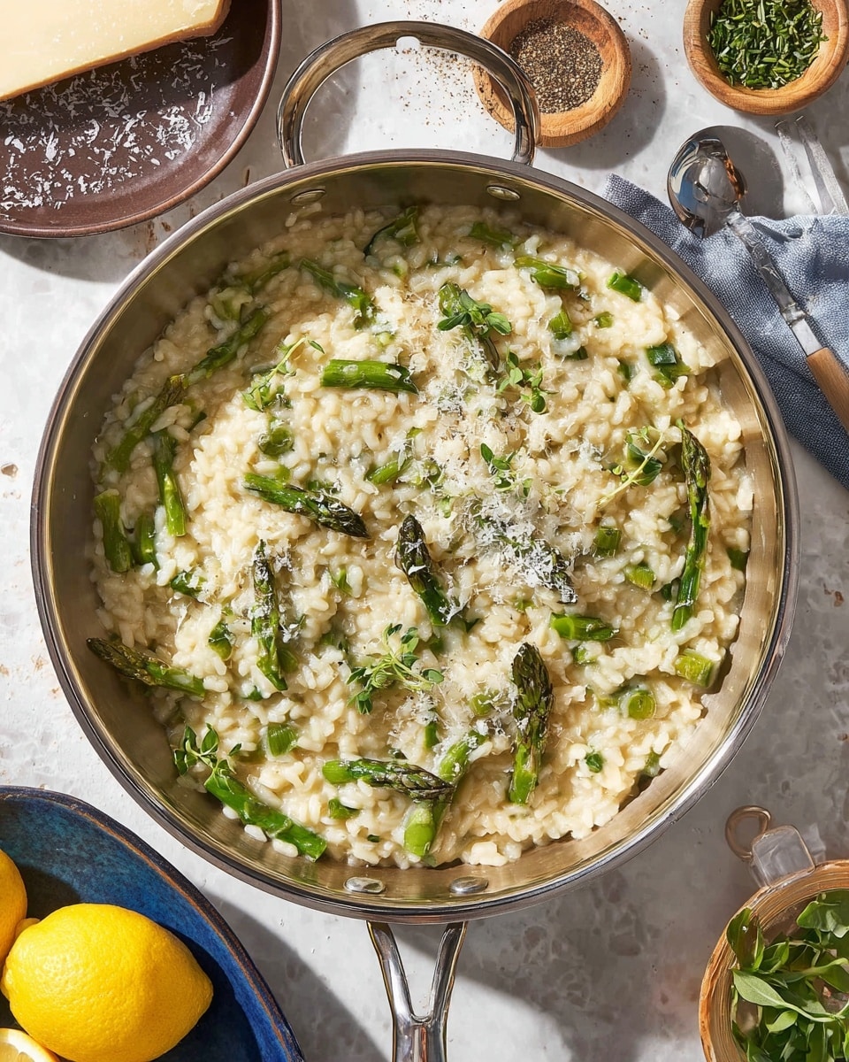 A large pan filled with creamy risotto, showing soft, plump rice grains mixed with bright green asparagus pieces, some cut small and others left as whole tips. The dish is topped with finely grated white cheese and small sprigs of fresh green herbs scattered over the surface. Nearby, a dark gray plate holds bright yellow lemon wedges, and a small bowl with fresh green herb sprigs sits on the side. In the background, a brown plate holds a wedge of pale yellow cheese with some grated flakes around it. The whole scene is set on a white marbled textured surface, catching warm natural light. photo taken with an iphone --ar 4:5 --v 7