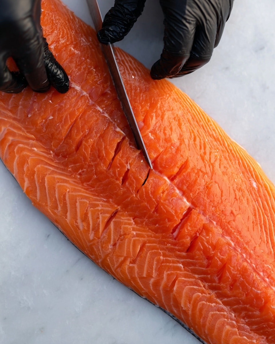 A large, fresh salmon fillet with a bright orange color is shown being sliced into thin pieces on a white marbled surface. The fish shows delicate, even lines where it is cut, with the texture of the meat smooth and slightly glossy. Two hands wearing black gloves carefully hold the fish and a sharp knife, cutting from the top toward the bottom of the fillet, creating precise vertical slices that reveal the uniform thickness and rich color of the salmon flesh. photo taken with an iphone --ar 4:5 --v 7