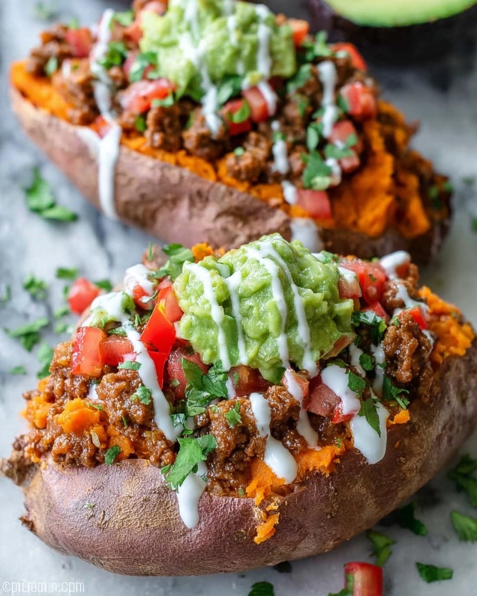 The image shows two baked sweet potatoes on a white marbled surface, each cut open and filled with layers. The bottom layer inside the potato is soft, bright orange sweet potato flesh. Above that are chunks of fresh red tomatoes mixed with seasoned ground beef that is dark brown and crumbly. On top of the beef is a generous scoop of light green guacamole with a slightly chunky texture. Drizzled over the entire filling is a white creamy sauce, and sprinkled green cilantro leaves add color contrast. The sweet potato skins are light brown and slightly wrinkled. photo taken with an iphone --ar 4:5 --v 7