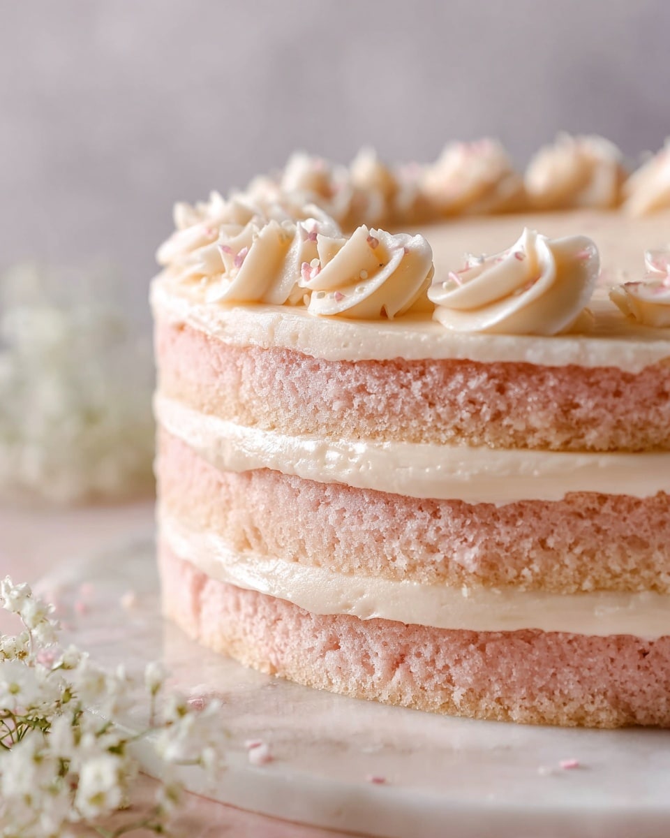 A slice of soft pink layered cake sits on a white plate with a delicate pattern. The cake has four thick, fluffy pink sponge layers separated by smooth white cream layers. The outside is covered in creamy white frosting with decorative swirls and small white and pink sprinkles on the side. In the background, the whole cake with similar white frosting and ruffle-like texture is blurred, along with a green bottle and a small white bowl on a white marbled surface. A gold and white cloth and a gold fork lay nearby. Photo taken with an iphone --ar 4:5 --v 7
