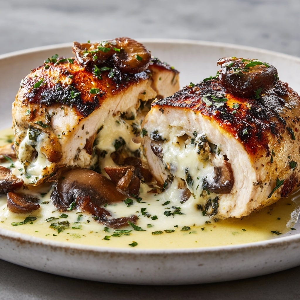 Two pieces of grilled chicken breast stuffed with creamy melted cheese and sautéed mushroom slices, each with a golden-brown, slightly charred top layer, resting on a white plate. The chicken is covered in a light cream sauce that pools around the base with scattered green chopped herbs on top and around the plate. The mushrooms inside are dark brown and glistening, adding texture contrast with the smooth cheese and tender chicken. photo taken with an iphone --ar 4:5 --v 7