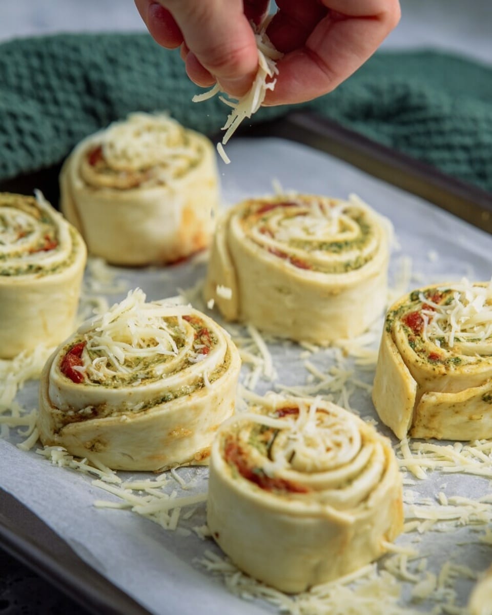 The image shows six golden-brown twisted pastries with a shiny surface and sesame seeds sprinkled on top, arranged on a dark wooden board. The pastries have visible layers of flaky dough with some darker baked spots. Below the board, there are two small white bowls; one contains a green creamy dip with herbs and olive oil on top, and the other holds a thick reddish-brown chunky sauce. Around the board and bowls, small green herb sprigs are scattered on a white marbled surface. In the background, a green cloth adds a soft texture to the scene. Photo taken with an iphone --ar 4:5 --v 7