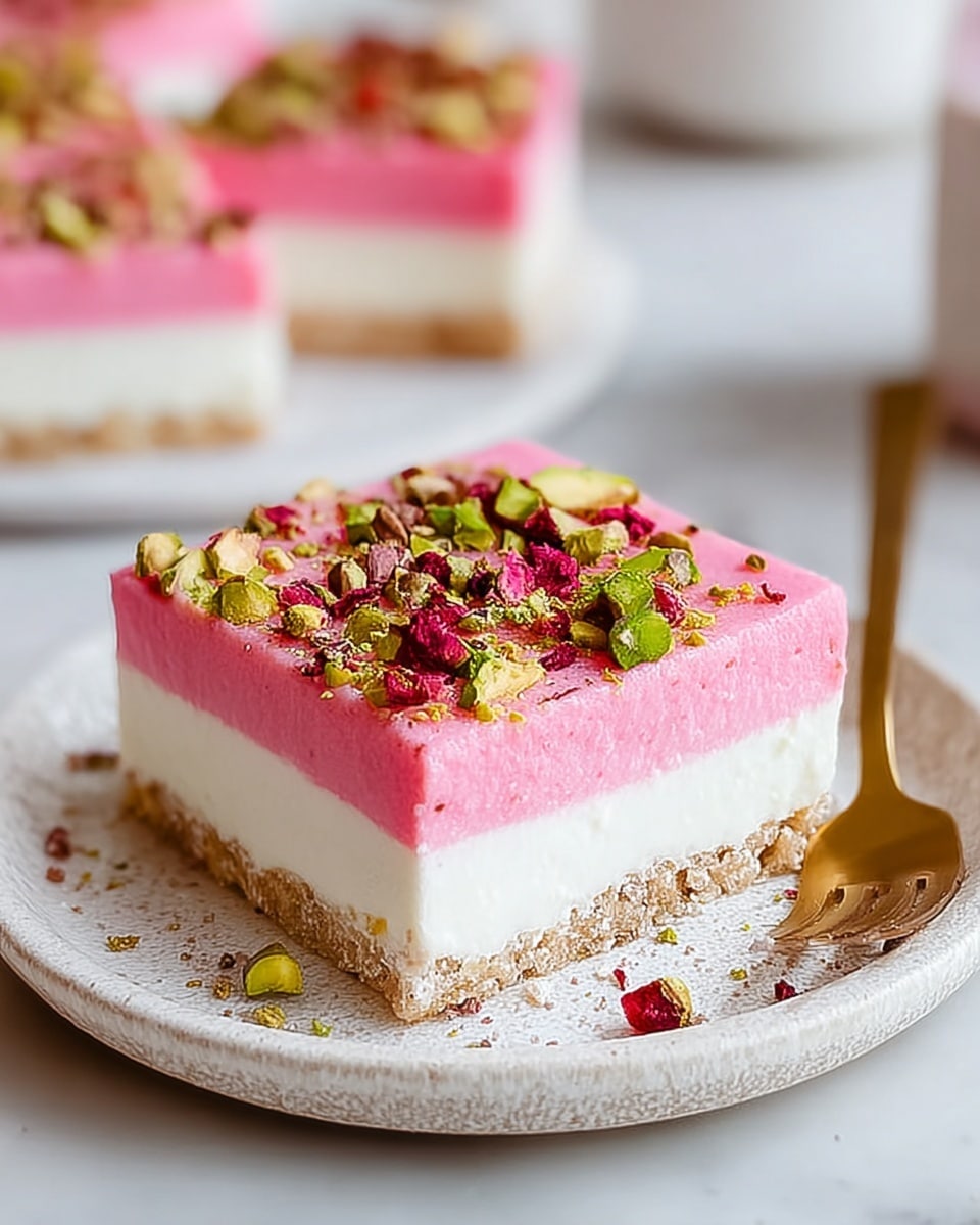 A square-shaped dessert with three layers is shown on a white plate. The bottom layer is a crumbly light brown crust. The middle layer is thick, creamy, and white with a smooth texture. The top layer is a glossy pink glaze that drips slightly over the edges, sprinkled with crushed green pistachios and small pieces of dried pink flower petals. A woman's hand is holding a gold spoon lifting a portion of the dessert, showing the pink top layer dripping and the white creamy middle beneath it. The background is a white marbled texture. photo taken with an iphone --ar 4:5 --v 7