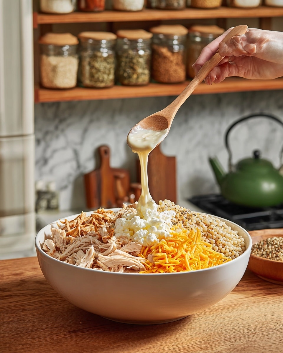A large white bowl sits on a wooden table filled with several layers of food: a base of small beige grains, topped with shredded light brown chicken pieces on one side, a small pile of bright orange shredded cheese on another side, a mound of white cottage cheese near the center, and a sprinkling of spices including reddish-brown and black pepper over the grains. A woman's hand holds a wooden spoon above the bowl, dripping creamy white sauce mixed with some cottage cheese onto the dish. In the background, there are glass jars with different dry foods on wooden shelves and a green kettle on a stove, all set against a kitchen scene with a white marbled surface. Photo taken with an iphone --ar 4:5 --v 7
