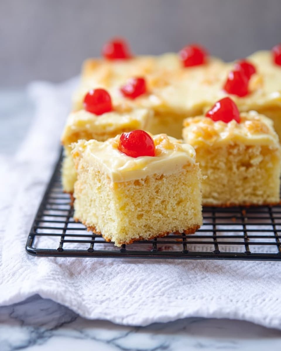 A close-up view of four square pieces of yellow cake with a thick creamy white frosting layer on top, each piece topped with one bright red cherry. The cakes sit on a black wire cooling rack, which is placed on a white crumpled cloth, all set against a white marbled textured background. The cake layers are moist and slightly crumbly, with some crumbs scattered on the rack. Photo taken with an iphone --ar 4:5 --v 7
