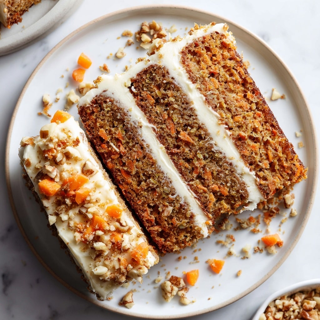 A rectangular carrot cake sits on a white plate with a slightly scalloped edge, placed on a white marbled surface. The cake has a thick, light brown base layer with visible small bits inside. It is topped with a generous, thick layer of creamy white frosting that is spread unevenly with soft peaks and swirls. On top of the frosting, there are scattered small pieces of orange carrot and chopped brown nuts, giving texture and color contrast. The image is softly lit, focusing on the cake with blurred background elements. photo taken with an iphone --ar 4:5 --v 7