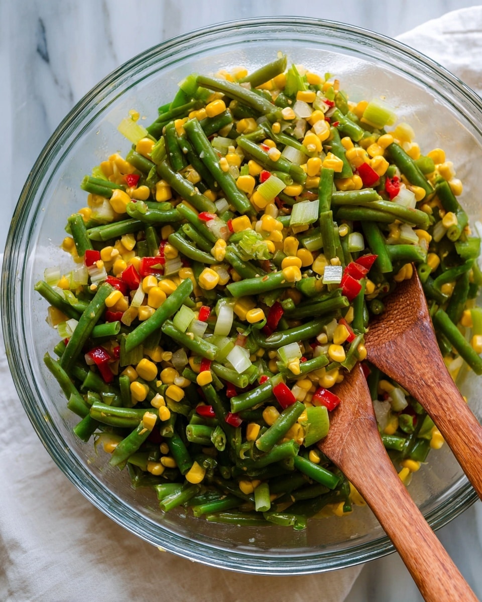 The image shows a close-up of a bowl filled with a colorful vegetable salad. The salad has three main layers visible: the bottom layer is filled with small green mung beans, the middle layer is mixed yellow corn kernels, and the top layer contains pieces of red bell pepper and chopped light green celery, along with some green beans standing upright. The salad is served in a white bowl with blue accents, and the background features another white bowl filled with more of the same salad. A fork is holding a bite of the salad above the bowl, showing the mix of all the vegetables clearly. The surface underneath has a white marbled texture. Photo taken with an iphone --ar 4:5 --v 7