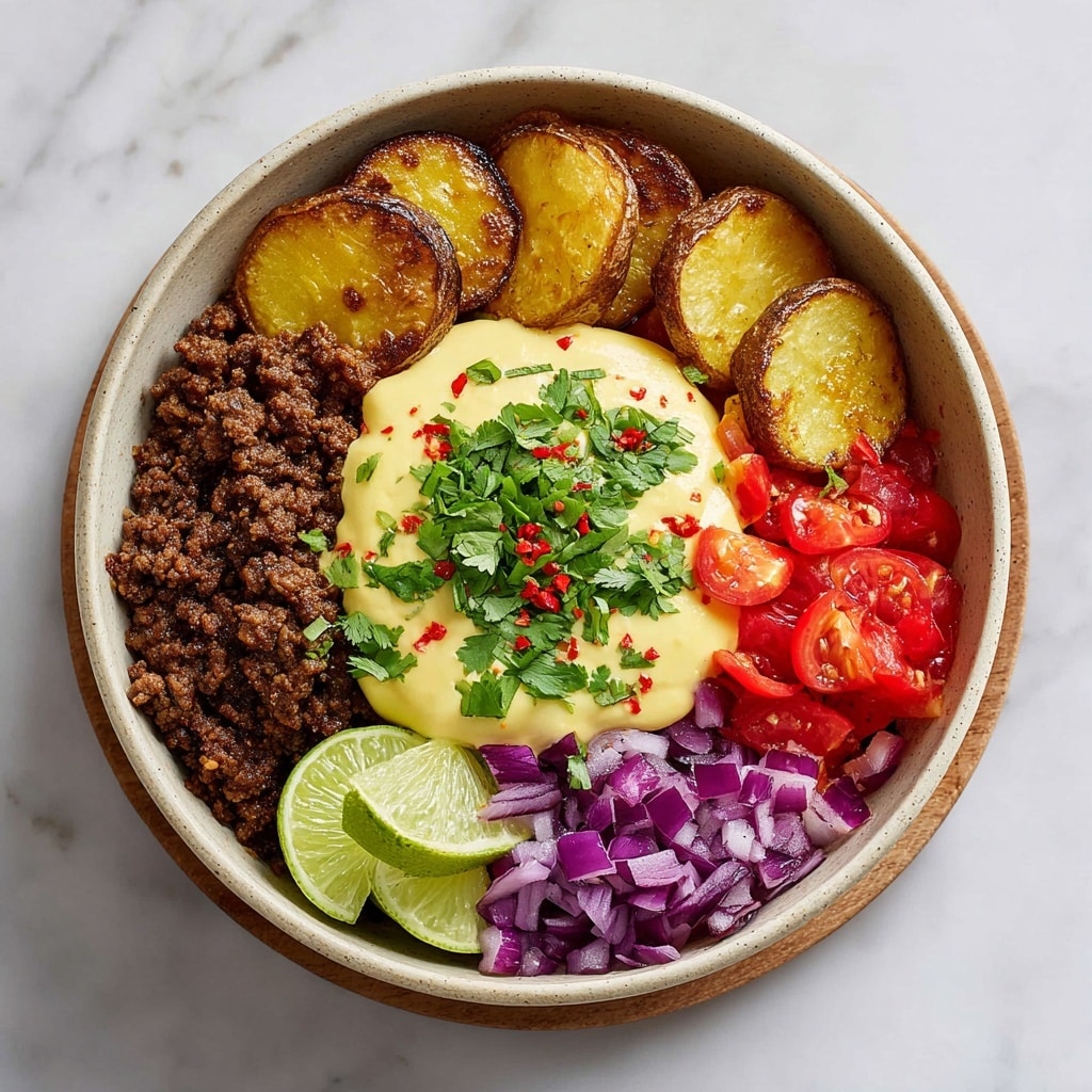 A beige bowl holds a layered dish starting with browned, crumbled ground meat on the left side, golden-brown thick potato slices arranged in two groups along the top and bottom right edges, and bright red chopped tomatoes mixed with finely chopped purple onions on the right side. In the center, a creamy pale yellow cheese sauce is spread, topped with green chopped cilantro and small red chili flakes. Two lime wedges are placed on a wooden board beneath the bowl, which sits on a white marbled surface. photo taken with an iphone --ar 4:5 --v 7