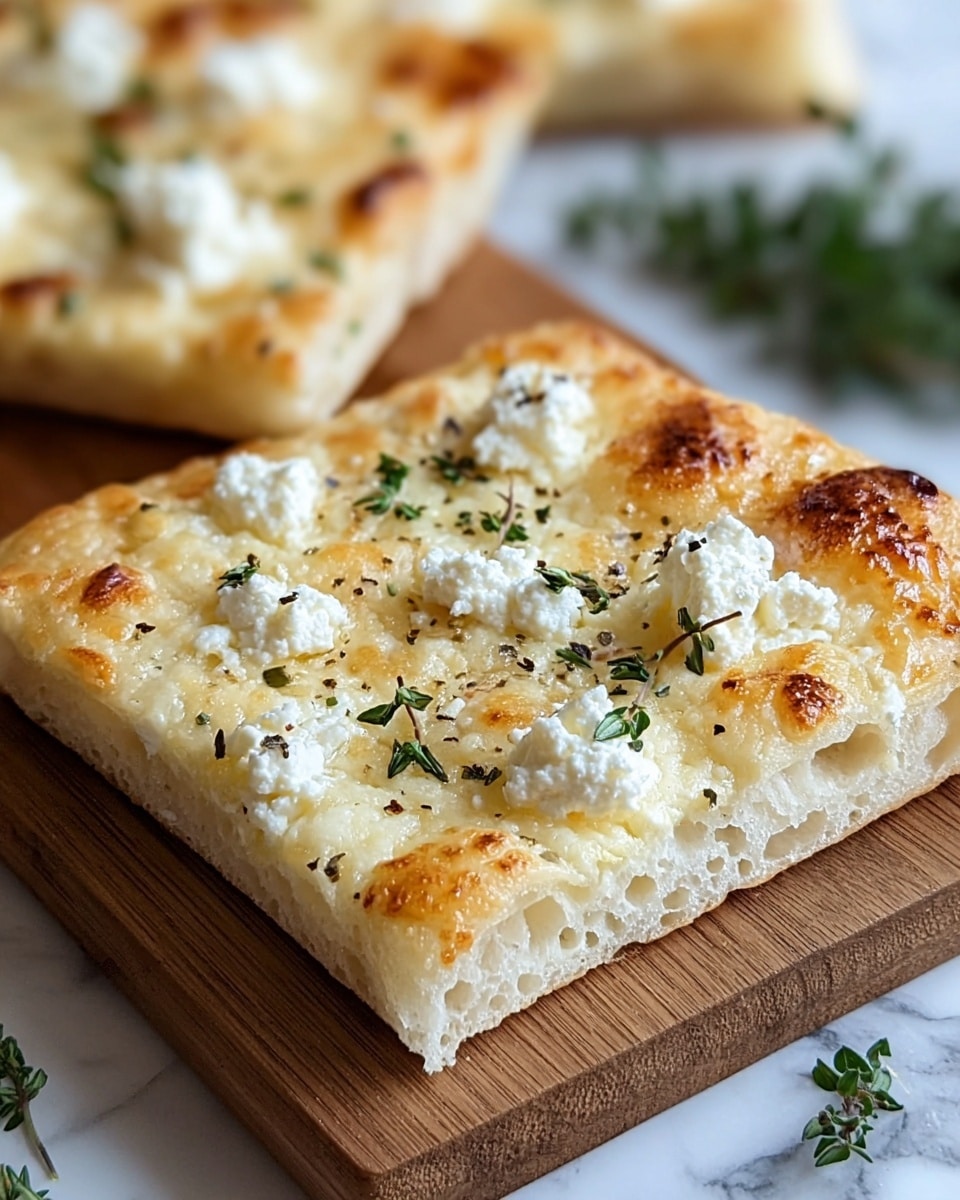 A close-up of a square piece of flatbread pizza with a thick, airy crust that is golden brown on the edges and soft inside. The top layer is smooth, melted white cheese with some browned, bubbly spots. Small dollops of soft white ricotta cheese are scattered across the surface, along with fresh green thyme leaves and a few cracked black pepper specks. The pie sits on a wooden board with a white marbled surface in the blurred background. Photo taken with an iphone --ar 4:5 --v 7