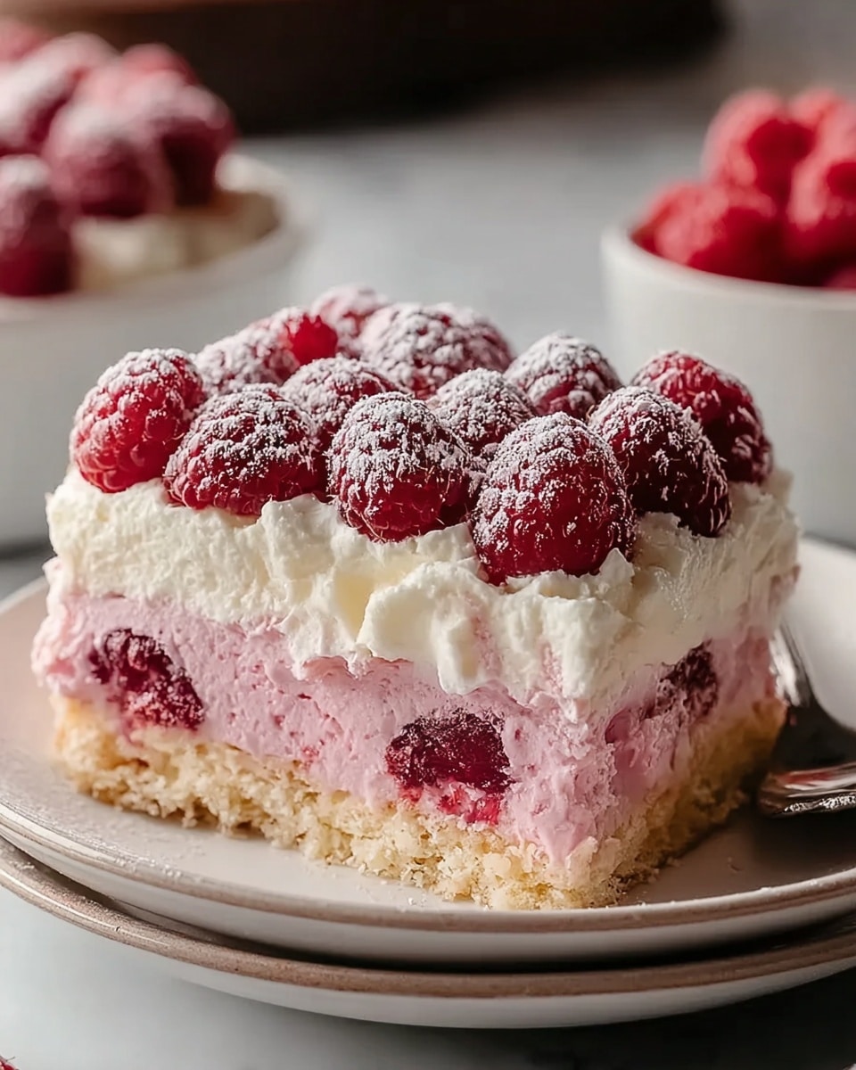 A close-up of a slice of raspberry cream cake on a white plate with a slightly raised rim, placed on a white marbled surface. The cake has four layers: the bottom layer is a light brown crumbly crust, the second layer is a smooth pink cream with whole raspberries embedded, the third layer is a thick white fluffy cream, and the top layer is covered evenly with fresh bright red raspberries dusted lightly with powdered sugar. The cake slice’s textures contrast between crumbly, smooth, creamy, and juicy. Photo taken with an iphone --ar 4:5 --v 7