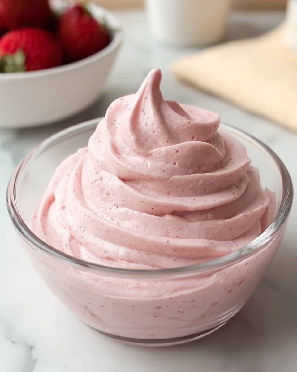 A clear glass bowl filled with a smooth, creamy pink mousse that is piped in tall, swirled layers creating a soft peak at the top. The mousse has a light texture with tiny darker pink specks throughout, giving it a fresh and fluffy look. In the background, there is a small white bowl with whole red strawberries. The bowl is placed on a white marbled surface. photo taken with an iphone --ar 4:5 --v 7