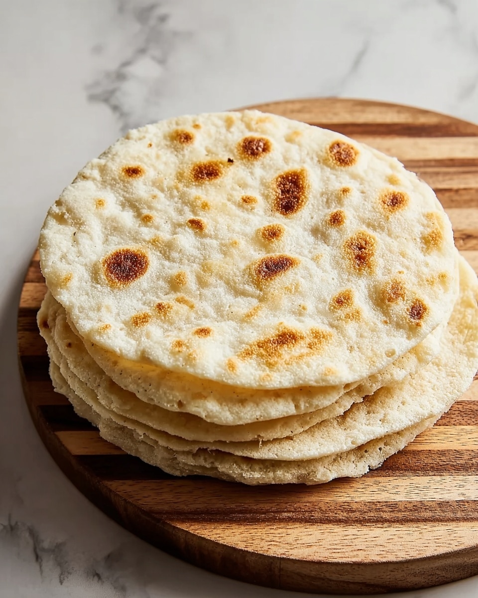 The image shows a stack of four round, flat cakes with a light beige color and a slightly porous texture. The top cake has uneven golden-brown spots scattered across its surface. Each cake is thin and soft-looking. The cakes are placed stacked on a round wooden board with light and dark brown stripes. The setting is on a white marbled surface. photo taken with an iphone --ar 4:5 --v 7