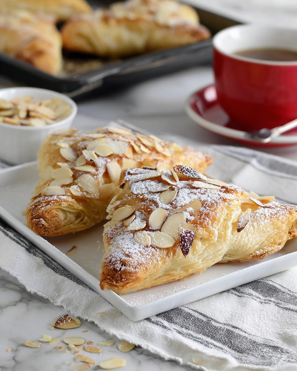 The image shows two almond pastries on a white plate placed on a white marbled surface. The bottom pastry is whole with a golden-brown flaky crust topped with sliced almonds and a light dusting of powdered sugar. The second pastry is halved and positioned on top, revealing a dense pale yellow almond filling with a slightly crumbly texture. In the background, there is a red cup on a matching red saucer with a metal spoon inside, slightly out of focus. The setting has a soft, natural light highlighting the details of the pastries. Photo taken with an iphone --ar 4:5 --v 7